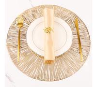 Evevda Placemats for Dining Table Set of 6 Round Hollow Out Table Mats Pressed Metallic Vinyl Plastic Place Mats Table Decoration for Holiday Wedding Accent Centerpiece(Gold Radial Circle)