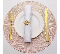 Evevda Placemats for Dining Table Set of 6 Round Hollow Out Table Mats Pressed Metallic Vinyl Plastic Place Mats Table Decoration for Holiday Wedding Accent Centerpiece(Rose Gold Radial Circle)