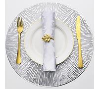 Evevda Placemats for Dining Table Set of 6 Round Hollow Out Table Mats Pressed Metallic Vinyl Plastic Place Mats Table Decoration for Holiday Wedding Accent Centerpiece(Silver Radial Circle)