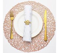 Evevda Rose Gold Round Placemats for Dining Table Set of 6 Metallic Pressed Vinyl Circle Table Mats Wipeable Hollowout Place Mats for Table Decor Holiday Wedding Accent Centerpiece(Line, Rose Gold)