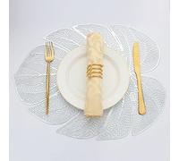 Evevda Silver Leaf Shaped Vinyl Placemats for Dinner Table Set of 6 Metallic Plastic Place Mats Wipeable 6Pcs Table Mats for Wedding Annersary Dinner Table Decoration Mats(17.7x13.8inch/45x35cm)