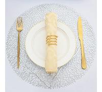 Evevda Silver Round Placemats for Dinner Table Set of 6 No-Slip Wipeable Tree Pattern Table Mats Metallic Plastic Vinyl Place Mats for Anniversary Daily Use Daily Use(Dia:15inch/38cm)