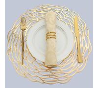 Evevde Gold Round Placemats for Dinner Table Set of 6 Metallic Plastic Vinyl Place Mats No-Slip Wipeable 6Pcs Table Mats for Daily Use Wedding Anniversary Kitchen Table Decoration(Dia:15inch/38cm)