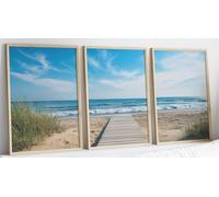 Eviepops Prints Beach Walkway Set of 3 Unframed Prints, Wooden Path to Sandy Shore and Calm Ocean Waves, Panoramic Beach Landscape Print, Modern Wall Art for Lounge, Bedroom, Bathroom (A3)