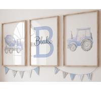 Eviepops Prints Construction Tractor Digger Truck Vehicles Set Of 3 Unframed Poster Prints for Nursery Bedroom, Personalised Name, Yellow Blue Green Red, Baby Toddler Gift Present (A4)
