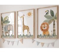 Eviepops Prints Cute Safari Animals Set of 3 Unframed Prints for Baby Girl or Boy Nursery Bedroom Playroom, Nursery Décor, Watercolour Jungle Wall Art, Giraffe Elephant Lion Parrot Toucan (A2)