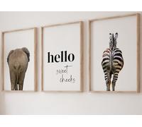 Eviepops Prints Elephant Zebra Bum Bathroom Wall Art Set of 3 Unframed Safari Animal Prints, Hello Sweet Cheeks Quote, Funny Bathroom Decor, Home Wall Art, New Home Gift (A4)