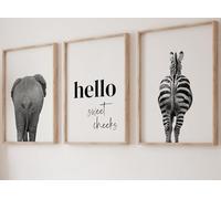 Eviepops Prints Elephant Zebra Bum Grey Set of 3 Unframed Safari Animal Prints, Hello Sweet Cheeks Quote, Funny Bathroom Decor, Home Wall Art Decor, New Home Gift, Monochrome Prints (A4)
