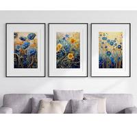 Eviepops Prints Klimt Style Flower Garden Set of 3 Unframed Poster Prints, Art Nouveau Home Decor, Vintage Art, Elegant Botanical Flower Poster, Digital Art, Gustav Klimt, Blue Yellow (A3)