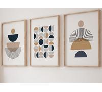 Eviepops Prints Navy Blue Geometric Wall Art Set of 3 Unframed Posters, Mid Century Modern Abstract Prints, Beige Taupe Neutral Wall Decor, Scandinavian Japandi Gallery Wall Posters (A3)