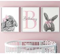Eviepops Prints Personalised Bunny Rabbit Set of 3 Unframed Poster Prints, Personalised Name, Cute Baby Bunny With Bow And Floral Leaves, Pink Blue Combinations, Girls Bedroom Wall Art (A3)