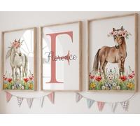 Eviepops Prints Personalised Floral Horses Set of 3 Unframed Poster Prints, Personalise Name, Choice of 4 Horses, Wildflower Meadow, Horse Theme Room Decor, Boho Girls Bedroom Decor (A3)