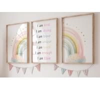 Eviepops Prints Personalised Positive Rainbow Set of 3 Unframed Poster Prints, Personalise Name, Positive Affirmations, Rainbow Theme Room Decor, Girls Nursery Prints, Girls Bedroom Prints (A3)