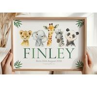 Eviepops Prints Personalised Safari Animals Unframed Poster Print For Boy Girl Bedroom Nursery, Personalise Name/Birthday/Weight Details, Lion Elephant Giraffe Zebra Panda, Gift Present (A3)