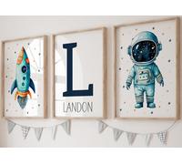 Eviepops Prints Personalised Space Wall Art, Custom Name Astronaut Poster, Set of 3 Unframed Prints with Spaceman, Rocket and Stars, Space Theme Room Decor (A3)