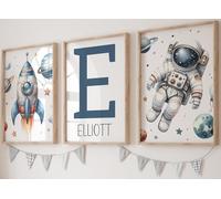 Eviepops Prints Personalised Space Wall Art, Custom Name Astronaut Rocket Poster, Flying In Space Set of 3 Unframed Prints with Spaceman, Rocket, Planets and Stars Theme Room Decor (A4)