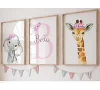 Eviepops Prints Safari Animals Baby Girl Nursery Set of 3 Unframed Poster Prints, Personalised Name Pink Lilac Floral, Girls Bedroom Decor, Elephant Giraffe (A2)