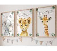 Eviepops Prints Safari Animals Baby Girl or Boy Nursery Bedroom Set of 3 Unframed Jungle Leaves Quote Prints, Nursery Decor Wall Art, Giraffe Elephant Lion, Stand Tall Dream Big Be Brave (A3)