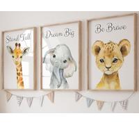 Eviepops Prints Safari Animals Baby Girl or Boy Nursery Bedroom Set of 3 Unframed Quote Prints, Wall Art Portrait Set of 3, Nursery Decor, Giraffe Elephant Lion, Stand Tall Dream Big Be Brave (A4)