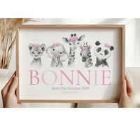 Eviepops Prints Safari Animals Girls Nursery Bedroom Unframed Print, Personalised Name and Birth/Weight Details, New Baby Gift Wall Art Decor, Pink or Purple, Giraffe Elephant Lion Zebra Panda (A4)
