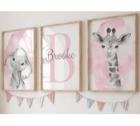 Eviepops Prints Safari Animals Girls Nursery Bedroom Unframed Set of 3 Poster Prints, Personalised Name Pink or Purple Splash Wall Art Decor New Baby, Elephant Giraffe Panda Zebra Lion (A4)
