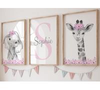 Eviepops Prints Safari Animals Girls Nursery Bedroom Unframed Set of 3 Poster Prints, Personalised Name Pink or Purple Flowers Wall Art Decor New Baby Gift, Elephant Giraffe Panda Zebra Lion (A4)