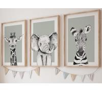 Eviepops Prints Sage Green Safari Animal Nursery Wall Art Set of 3 Unframed Prints, Elephant Giraffe Zebra Decor for Baby Boy or Girl Nursery, Bedroom or Playroom (A4)