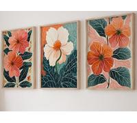 Eviepops Prints Set of 3 Unframed Abstract Botanical Posters, Floral Summer Orange Teal Flowers, Mid Century Modern Decor For Living Room Bedroom Kitchen (A3)