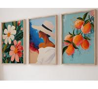 Eviepops Prints Set of 3 Unframed Modern Mediterranean Painted Style Posters, Floral Citrus and Coastal Woman Prints, Boho Summer Beach Wall Art, Home Decor for Lounge Bedroom Bathroom (A3)