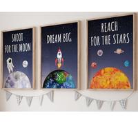 Eviepops Prints Space Theme Wall Art Set of 3 Unframed Posters for Kids Room, Astronaut, Planets, Rocket, Sun Moon Earth, Shoot for the Moon, Dream Big, Reach For The Stars Inspirational Quote (A4)