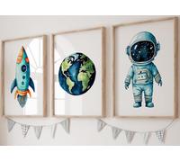 Eviepops Prints Space Wall Art, Set of 3 Unframed Posters, Astronaut, Earth & Rocket Ship Prints, Outer Space Theme for Kids Bedroom, Nursery, Boys Room Decor, Adventure & Exploration Artwork (A4)