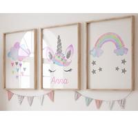 Eviepops Prints Unicorn Rainbow Cloud Set Of 3 Personalised Unframed Poster Prints, Pink Purple Silver Gold, Girls Bedroom & Nursery Decor (A3)