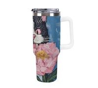 Evil Cow Cat Peony Flower Coffee Cups Travel Mug Insulated Tumbler Water Bottle Large