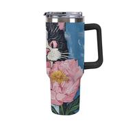 Evil Cow Cat Peony Flower Coffee Cups Travel Mug Insulated Tumbler Water Bottle Large