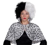 Evil Dog Lady Costume Set - Dalmatian Print Shoulder Cape and Half Black Half White Frizzy Wig, Perfect for World Book Day, Book Week, School Events, and Character Fancy Dress Costume