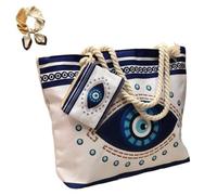 Evil Eye Beach Tote Bag,Handmade Canvas Shoulder Bag with Mini Pouch,Large Capacity Women's Underarm Satchel