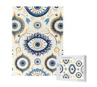 Evil Eye Boho Mystical Luxury Geometric Blue White Personalised 500 Piece Wooden Jigsaw Puzzle For Adults, Custom Portrait Picture