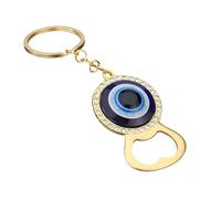 Evil Eye Bottle Opener Keyring Gold Zinc Alloy Blue Circle Keychain | Gold zinc alloy construction with blue evil eye motif and crystal rim accents measuring 10.5cm long