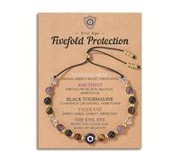 Evil Eye Bracelet Adjustable Protection Bracelet for Women with Meaning Card Evil Protection Bracelets with Clear Quartz Amethyst Tourmaline Tiger Eye 5 Healing Stones Bracelets for Men Women Gift