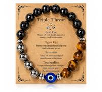Evil Eye Bracelet, Triple Threat Mens Beaded Bracelets with Card, Obsidian & Tigers Eye Bracelets, Anxiety Bracelet for Spiritual Protection, Healing Jewelry Gift for Men, Adult & Women