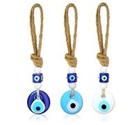 Evil Eye Car Hanging Accessories - Rear View Mirror Ornament - Handmade Room Wall Decor Charm - Home Nazar Charms - Ojo Turco para Casa - Set of 3 Navy Blue, White, Light Blue