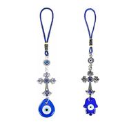 Evil Eye Crystal Cross Talisman Fatima's Holy Hand Pendant Decoration, Lucky Blue Evil Eye Hanging Ornament for Car, Home and Office for Protection and Blessing (Pack of 2pcs - hand + water droplet)