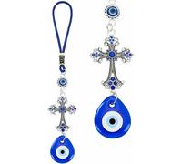 Evil Eye Crystal Cross Talisman Fatima's Holy Hand Pendant Decoration, Lucky Blue Evil Eye Hanging Ornament for Car, Home and Office for Protection and Blessing (1pc Water Droplet Evil Eye)