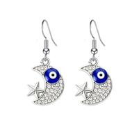 Evil Eye Dangle Drop Earrings for Women, Rhinestone Turkish Blue Nazar Eye Hook Earrings, Boho Silver Protection Amulet Fashion Jewelry Gift, S, Metal, No Gemstone
