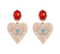 Evil Eye Heart Dangle Earrings Gold Tone with Large Red Oval Gem Sparkling Clear Rhinestones Blue Evil Eye Center Statement Drop Earrings for Women