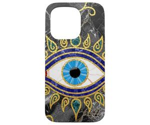 Evil Eye Mosaic Gold Color Black Marble Protection Turkish Case for iPhone 15 Pro