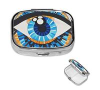 Evil Eye Pill Box with Mirror, 2 Compartment Small Pill Case for Purse Or Pocket Mini Metal Pill Holder Travel Weekly Medicine Tablet Vitamin Holder Organizer Travel Gifts