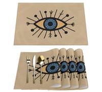 Evil Eye Placemats Set of 4, Polyester Linen Table Mats, Heat Resistant Washable Fabric Placemats, Decorative Table Setting for Kitchen Party Wedding