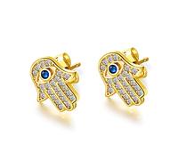 Evil Eye Protection Hamsa Hand of Fatima Stud Earring for Women Girls 18K Gold Post Stainless Steel Cubic Zirconia Hypoallergenic Dainty CZ Best Friend Jewelry (Gold)