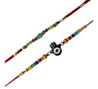 Evil Eye Rakhi Combo with Multicolor Beads on Red Thread, Raksha Bandhan Set with Roli Chawal